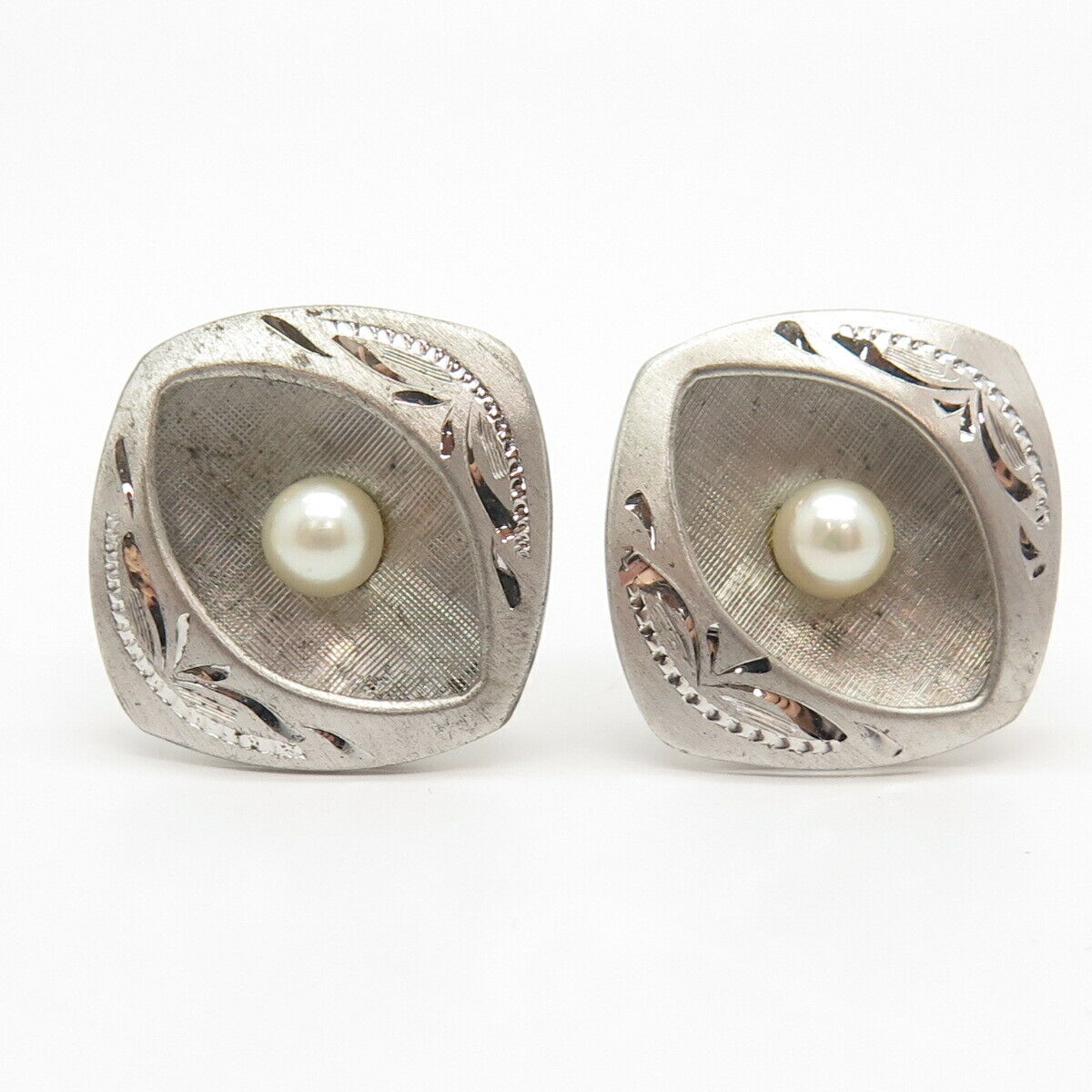 925 Sterling Silver Vintage Real Pearl Etched Cufflinks