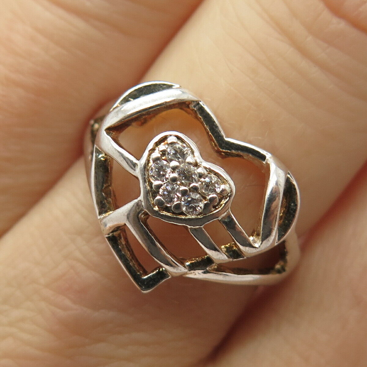 925 Sterling Silver C Z Double Heart Design Ring Size 7 3/4