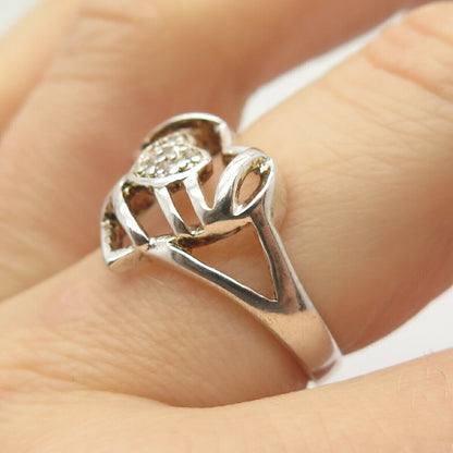 925 Sterling Silver C Z Double Heart Design Ring Size 7 3/4