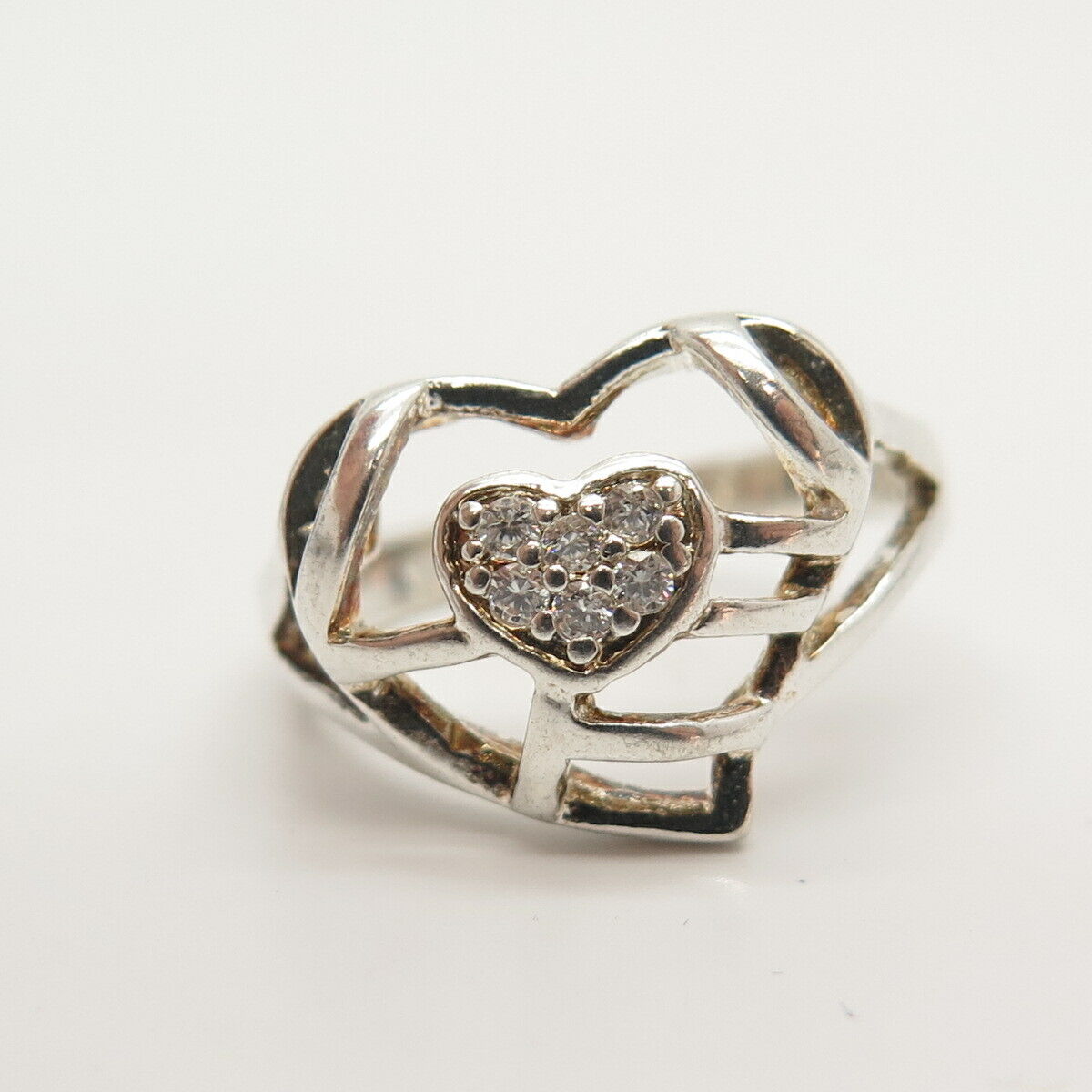 925 Sterling Silver C Z Double Heart Design Ring Size 7 3/4