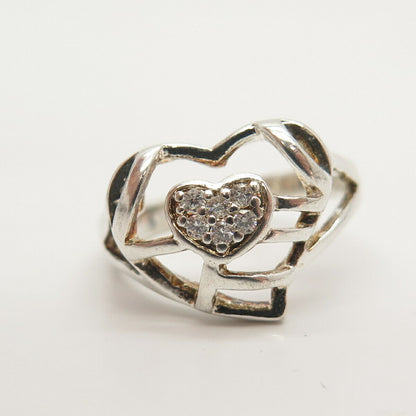 925 Sterling Silver C Z Double Heart Design Ring Size 7 3/4