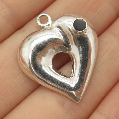 925 Sterling Silver Vintage Real Black Onyx Gemstone Heart Pendant