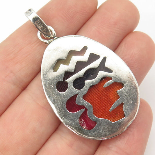 925 Sterling Silver Vintage Mexico Enamel Tribal Pattern Pendant