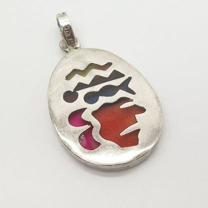 925 Sterling Silver Vintage Mexico Enamel Tribal Pattern Pendant