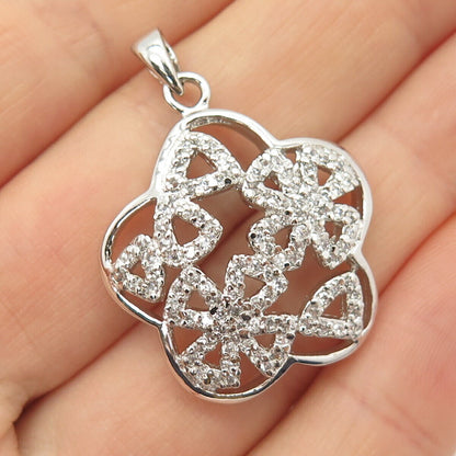 925 Sterling Silver Pave C Z Floral Pendant