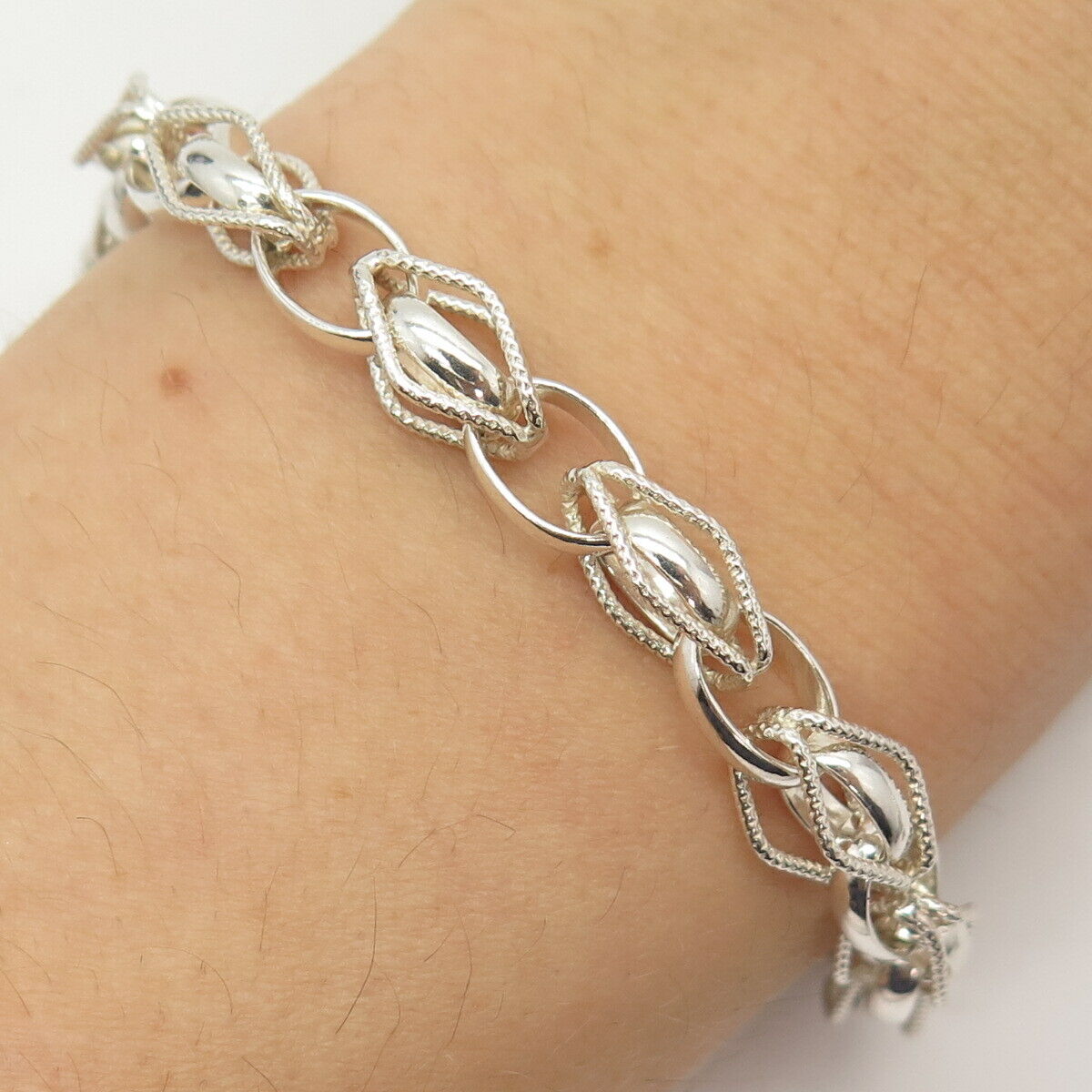 925 Sterling Silver Oval & Rhombus Link Bracelet 7 1/4"