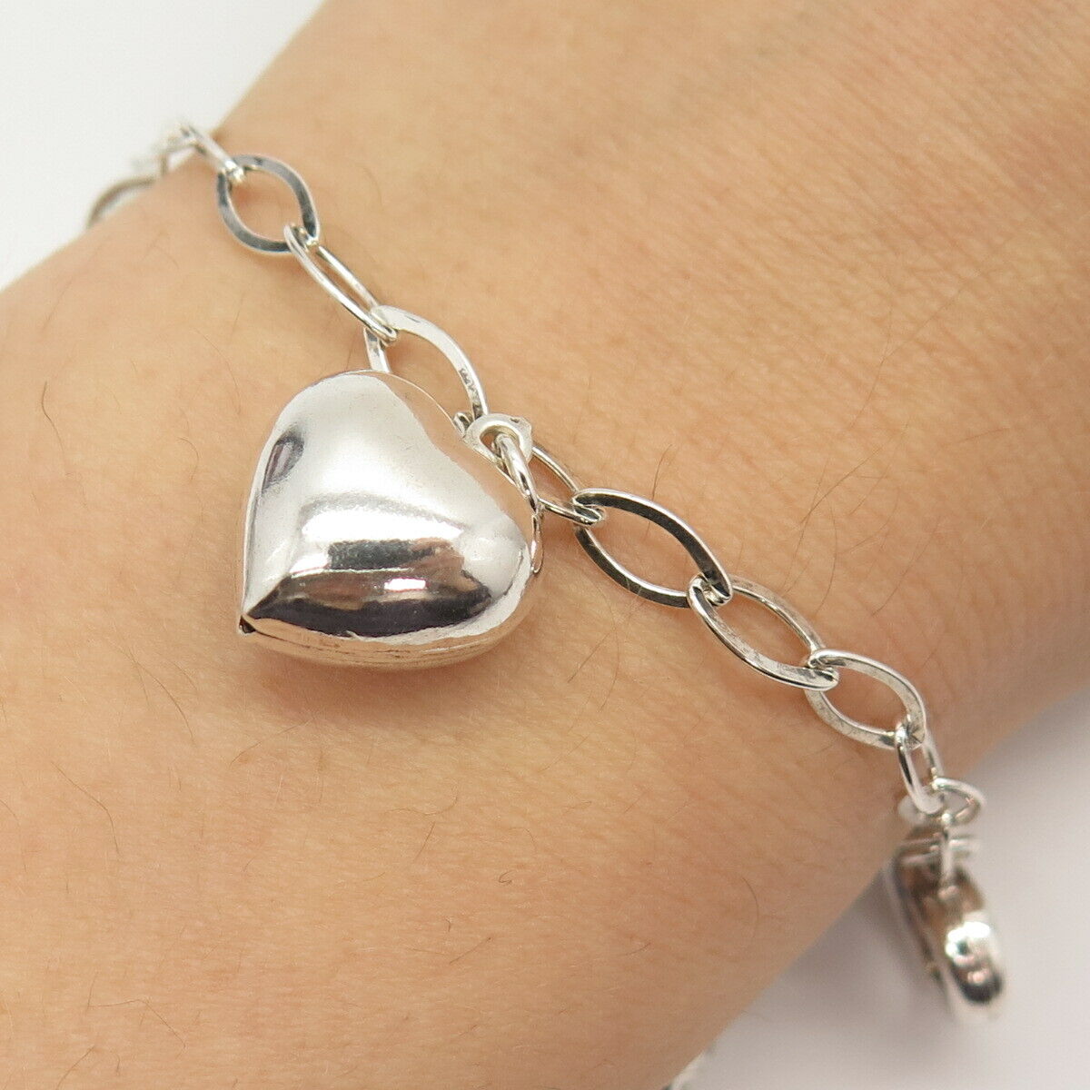 925 Sterling Vintage Italy Puffy & Open Heart Charm Oval Link Anklet 9 3/4"