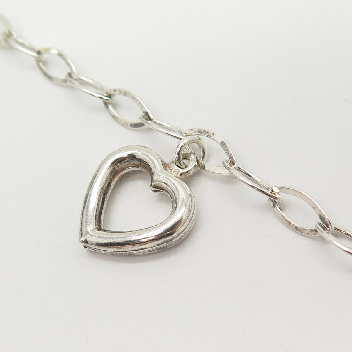 925 Sterling Vintage Italy Puffy & Open Heart Charm Oval Link Anklet 9 3/4"