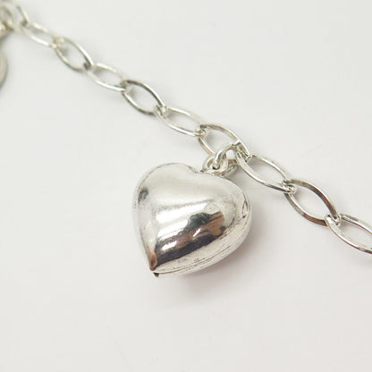 925 Sterling Vintage Italy Puffy & Open Heart Charm Oval Link Anklet 9 3/4"