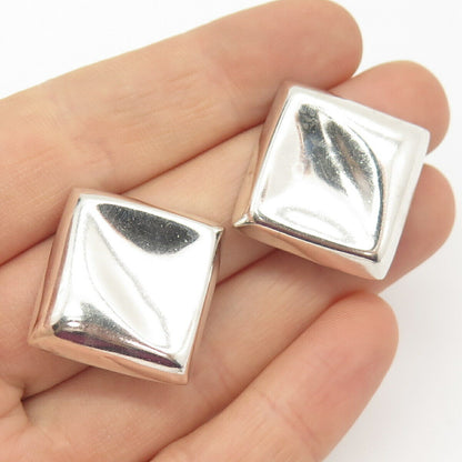 925 Sterling Silver Vintage Mexico Concave Rhombus Hollow Clip On Earrings