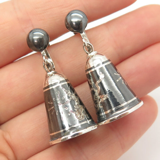 925 Sterling Silver Vintage Siam Niello Hindu Goddess Bell Screw Back Earrings