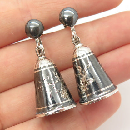 925 Sterling Silver Vintage Siam Niello Hindu Goddess Bell Screw Back Earrings