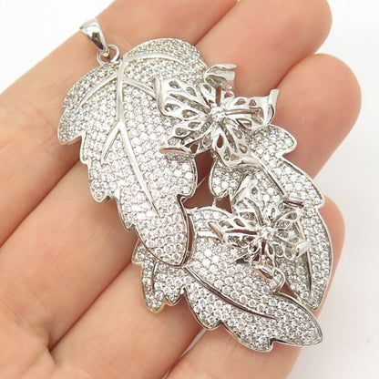 925 Sterling Silver Pave C Z Leaf Floral Pendant