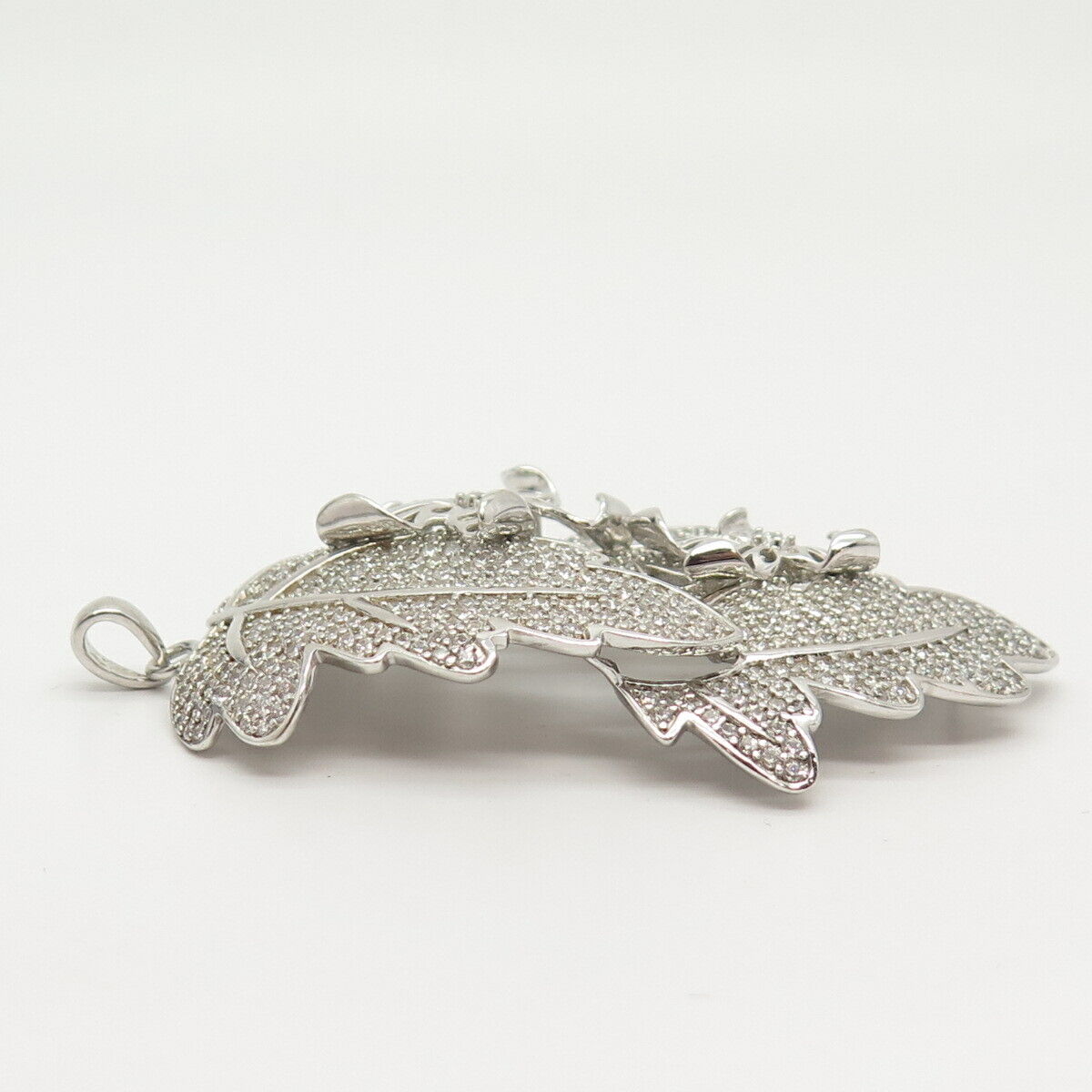 925 Sterling Silver Pave C Z Leaf Floral Pendant