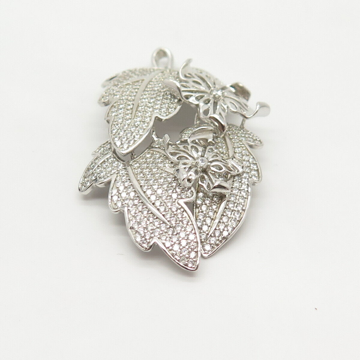 925 Sterling Silver Pave C Z Leaf Floral Pendant