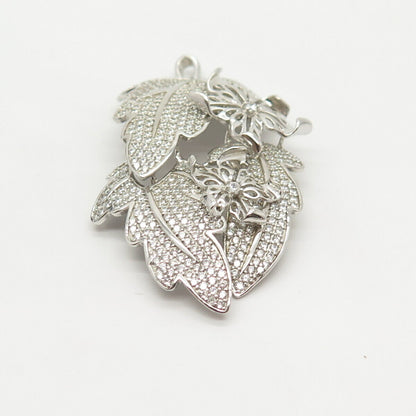 925 Sterling Silver Pave C Z Leaf Floral Pendant