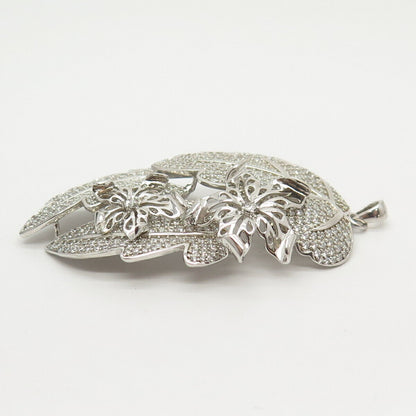 925 Sterling Silver Pave C Z Leaf Floral Pendant