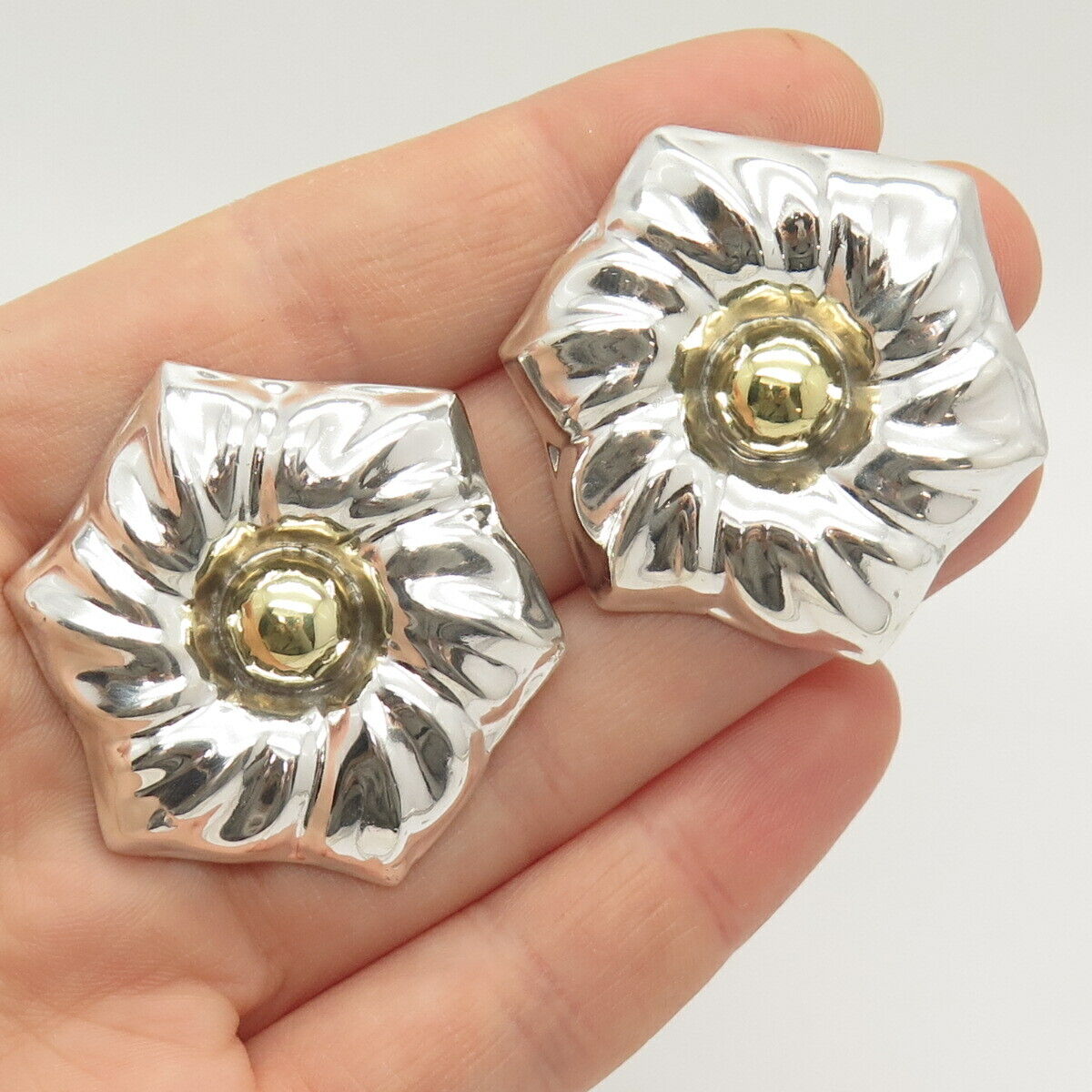 925 Sterling Silver 2-Tone Vintage Mexico Floral Hollow Earrings