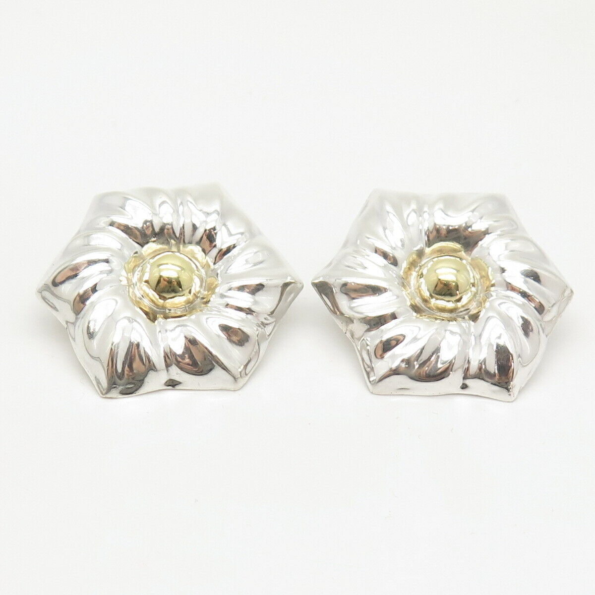 925 Sterling Silver 2-Tone Vintage Mexico Floral Hollow Earrings