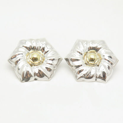 925 Sterling Silver 2-Tone Vintage Mexico Floral Hollow Earrings