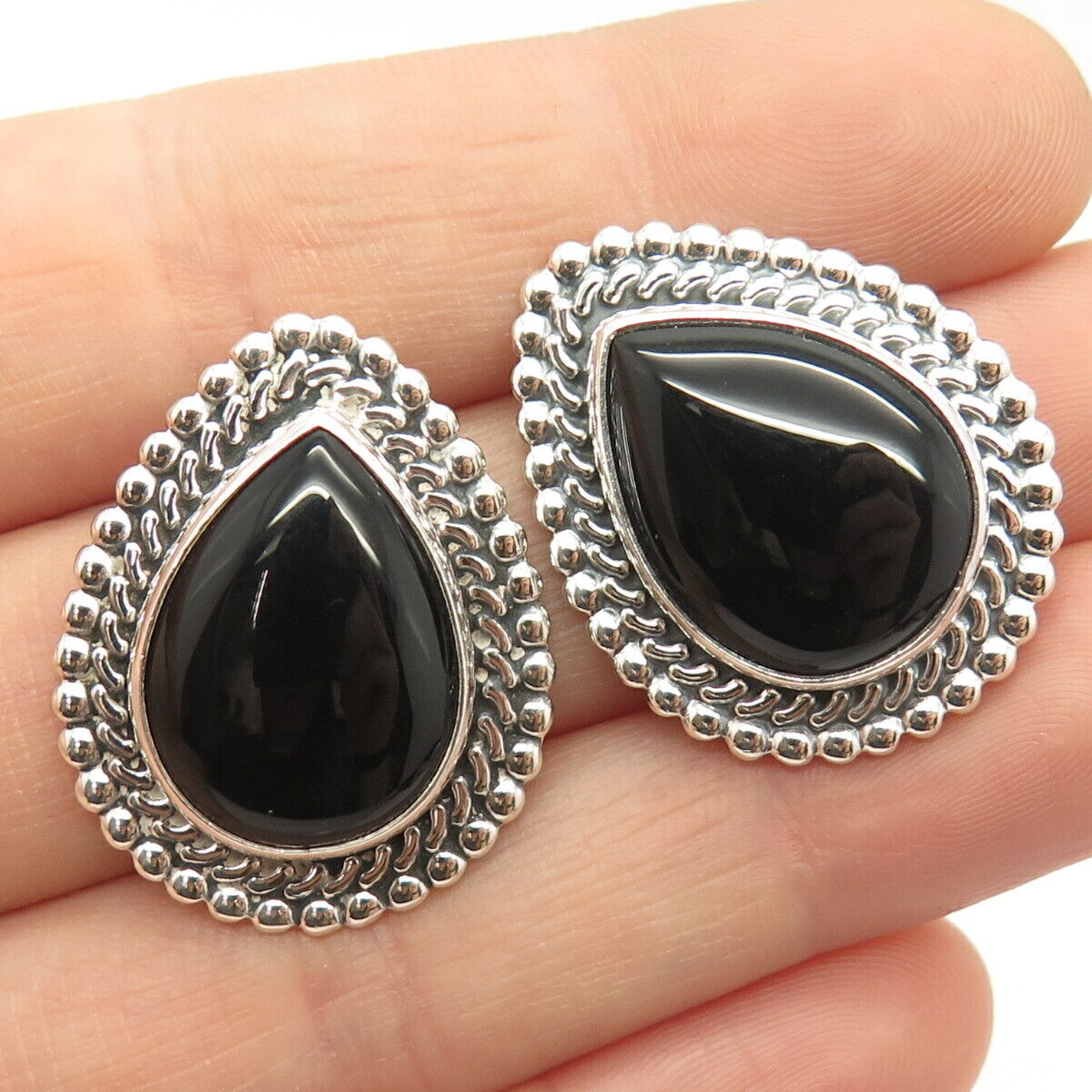 925 Sterling Silver Vintage Mexico Real Black Onyx Gemstone Earrings