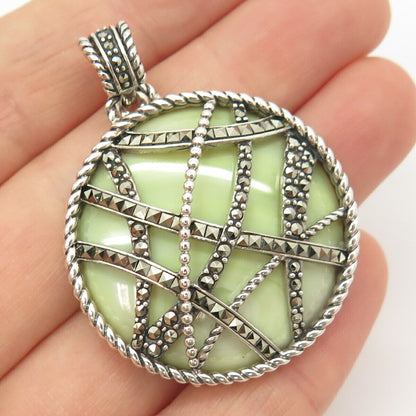 925 Sterling Silver Real Green Mother-of-Pearl & Marcasite Gem Round Pendant