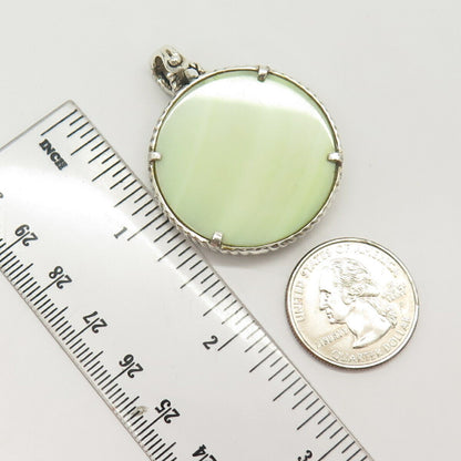 925 Sterling Silver Real Green Mother-of-Pearl & Marcasite Gem Round Pendant