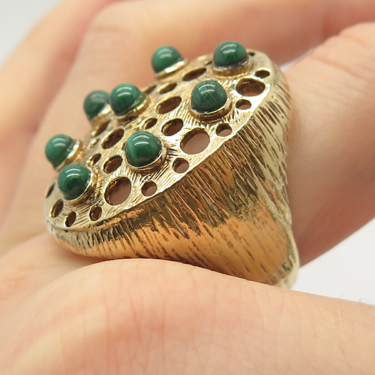 925 Sterling Silver Gold Plated Textured Real Malachite Gem Ring Size 10