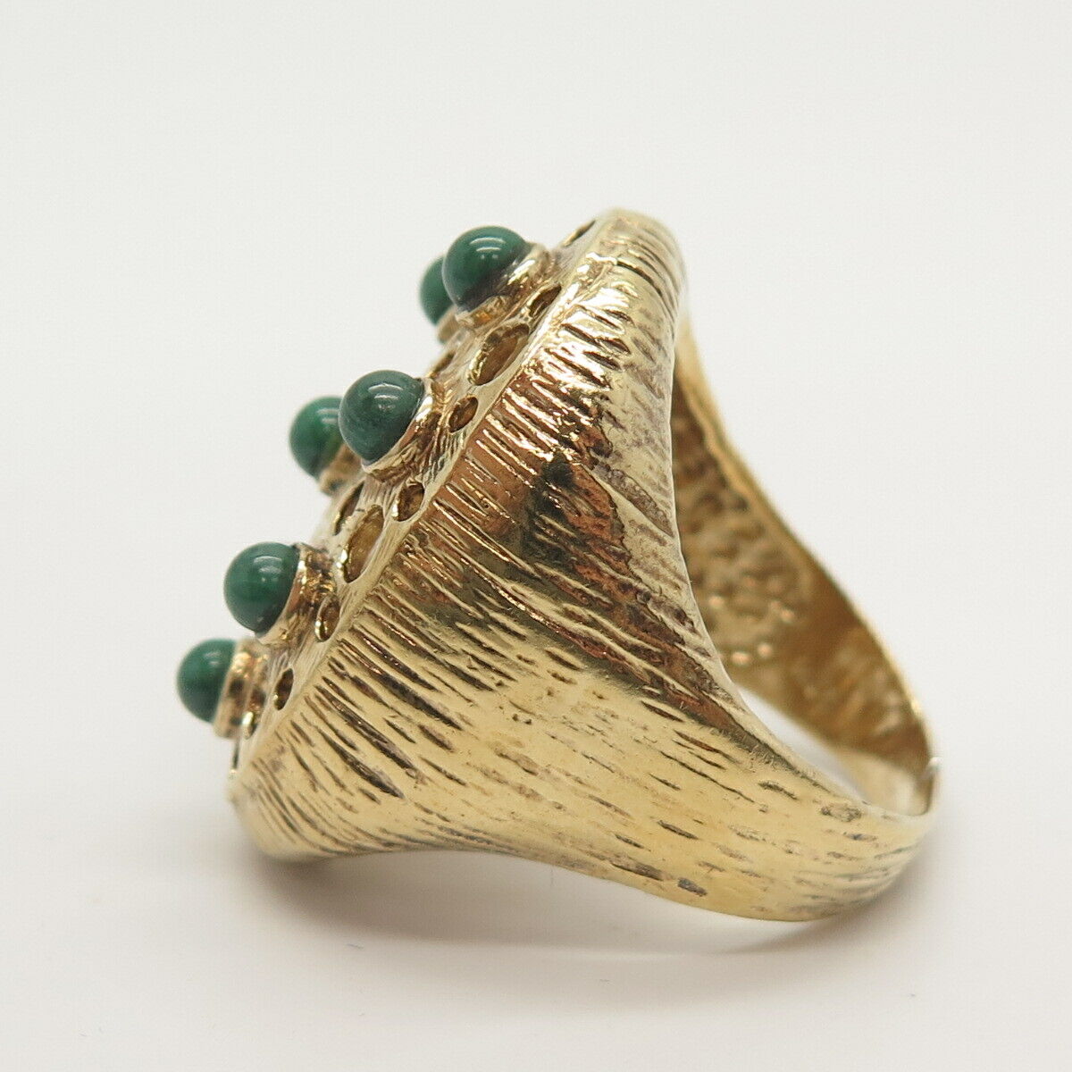 925 Sterling Silver Gold Plated Textured Real Malachite Gem Ring Size 10