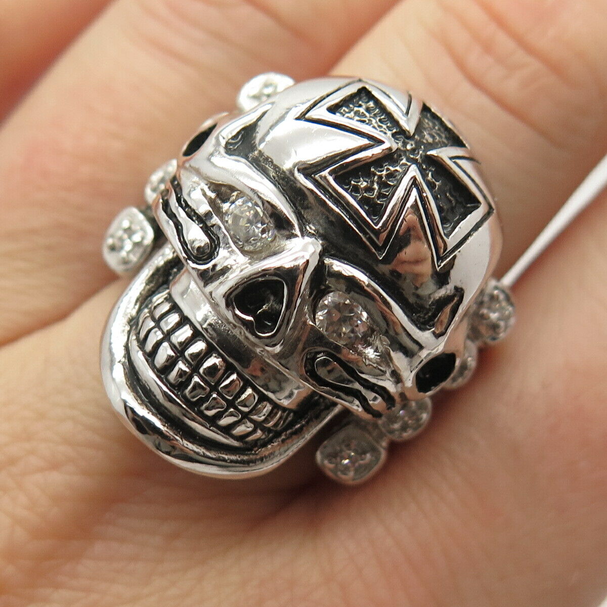 925 Sterling Silver C Z Skull & Cross Design Wide Biker Ring Size 8