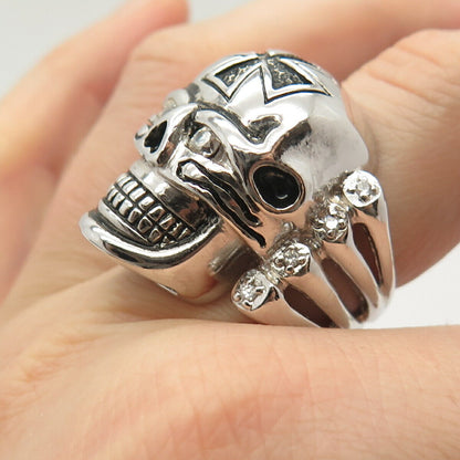 925 Sterling Silver C Z Skull & Cross Design Wide Biker Ring Size 8