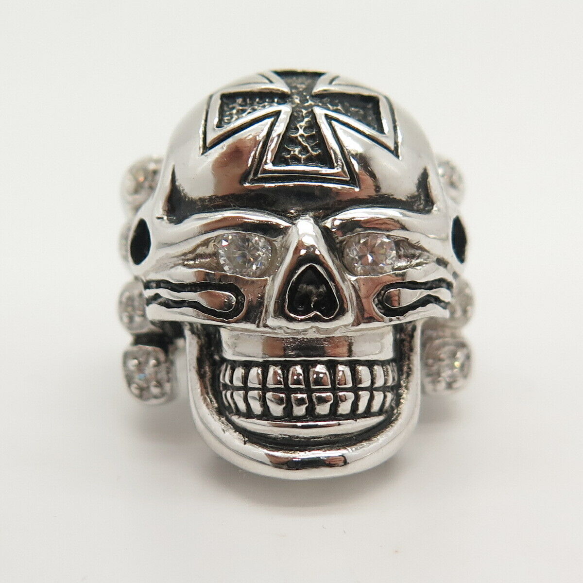 925 Sterling Silver C Z Skull & Cross Design Wide Biker Ring Size 8