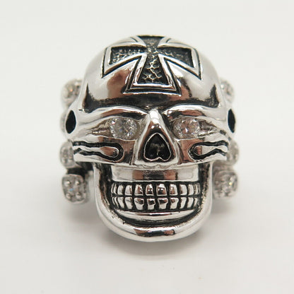 925 Sterling Silver C Z Skull & Cross Design Wide Biker Ring Size 8