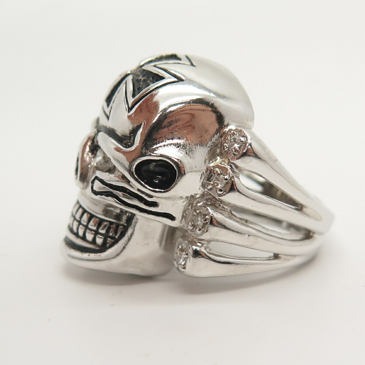 925 Sterling Silver C Z Skull & Cross Design Wide Biker Ring Size 8