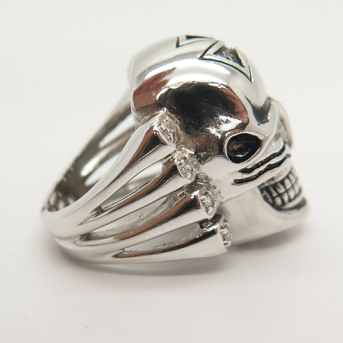 925 Sterling Silver C Z Skull & Cross Design Wide Biker Ring Size 8