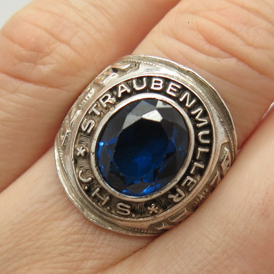 925 Sterling Reed Lab-Created Sapphire Gem"Strauben Muller"School Ring Size 6.5