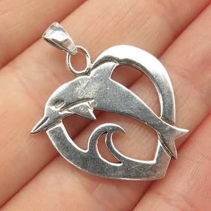 925 Sterling Silver Vintage Friendly Dolphin Heart Pendant