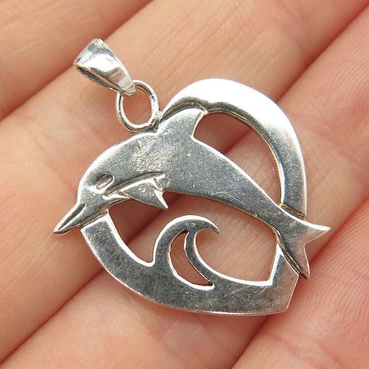 925 Sterling Silver Vintage Friendly Dolphin Heart Pendant