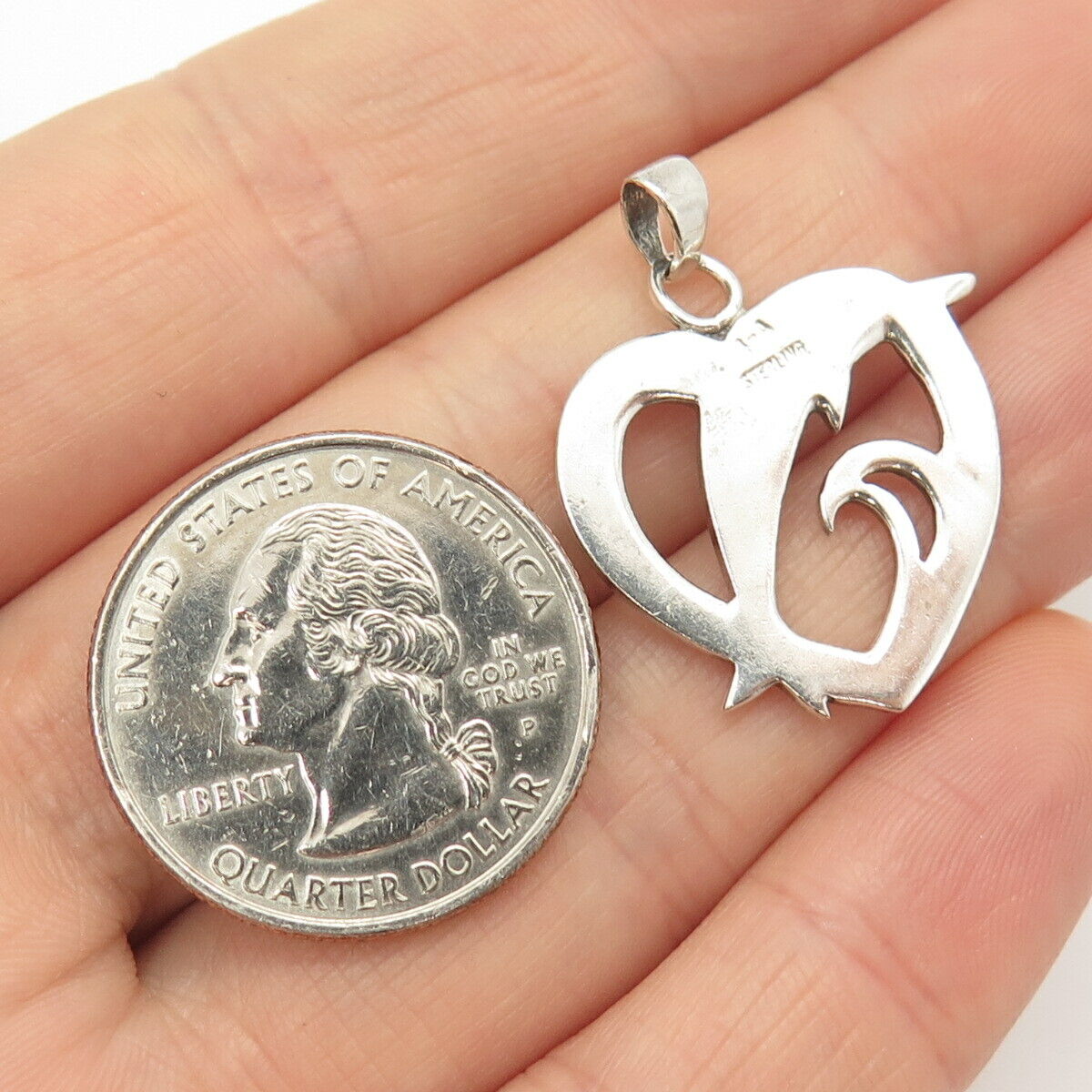 925 Sterling Silver Vintage Friendly Dolphin Heart Pendant