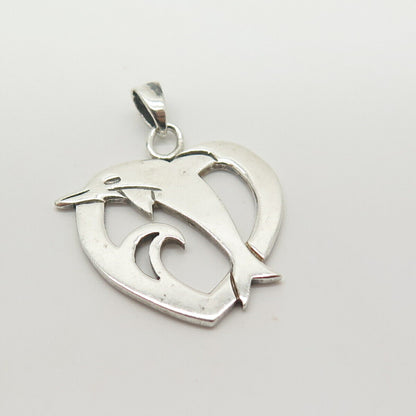 925 Sterling Silver Vintage Friendly Dolphin Heart Pendant