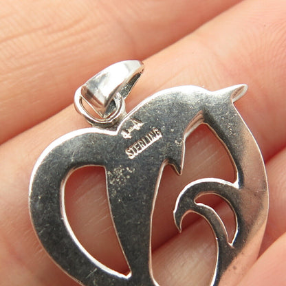 925 Sterling Silver Vintage Friendly Dolphin Heart Pendant