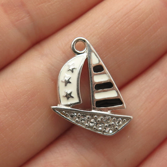 925 Sterling Silver C Z & Enamel Sailboat / Ship Charm Pendant