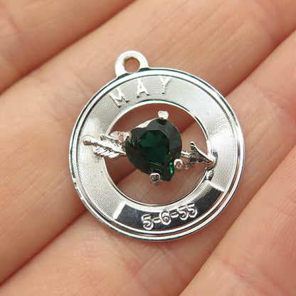 925 Sterling Vintage Crea Emerald Gem "May" Arrow & Heart Design Charm Pendant