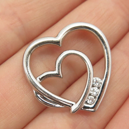 925 Sterling Silver C Z Double Heart Slide Pendant