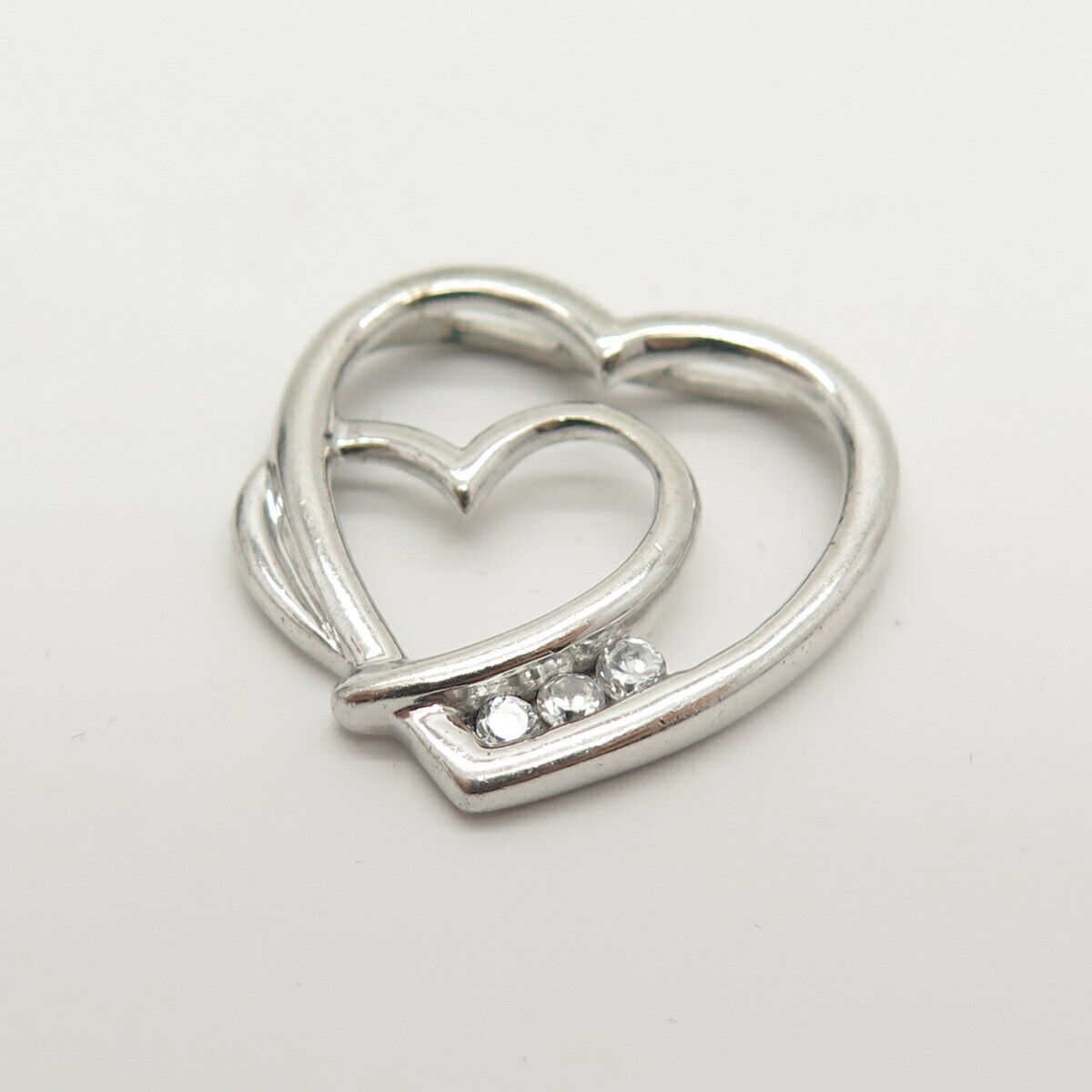 925 Sterling Silver C Z Double Heart Slide Pendant