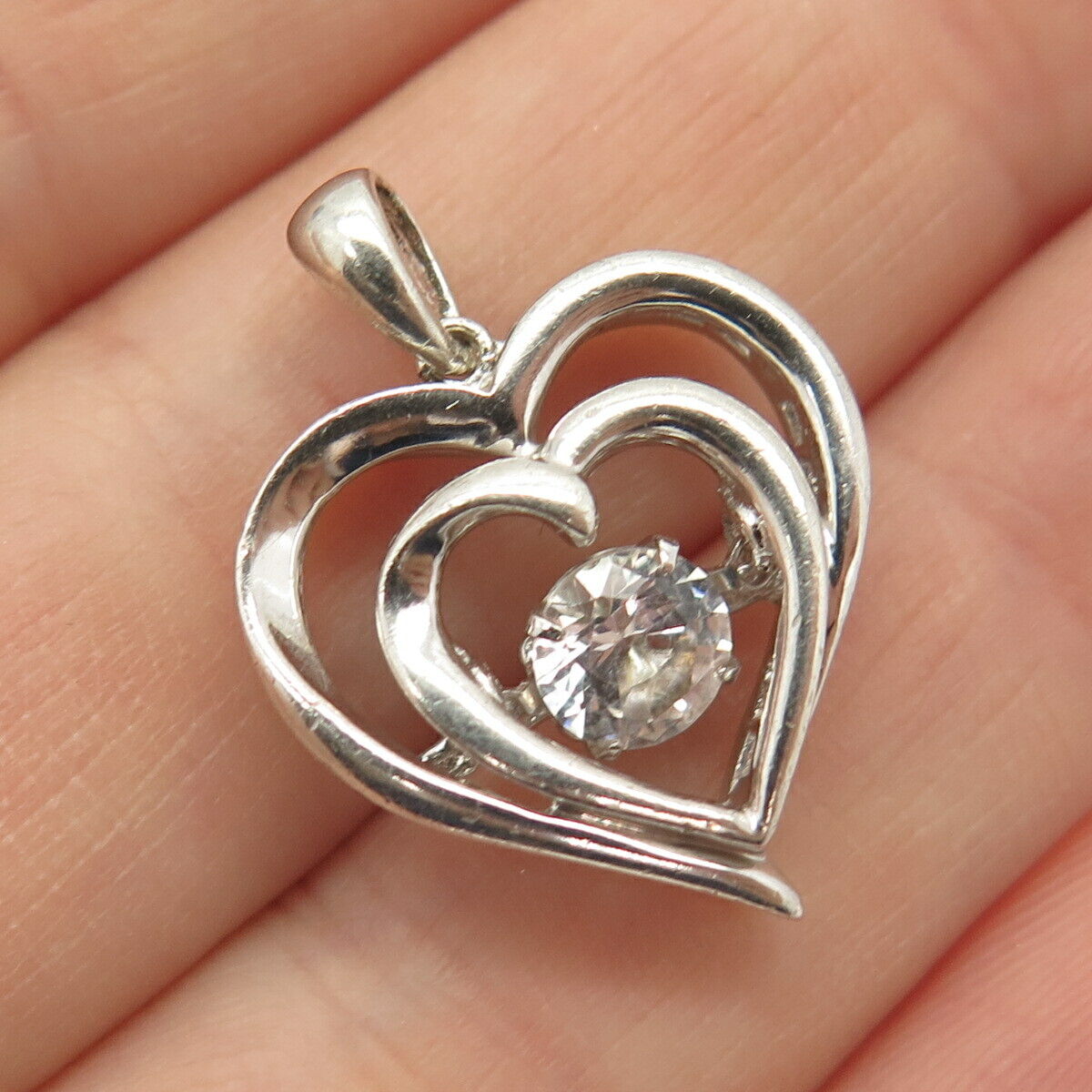 925 Sterling Silver C Z Double Heart Pendant