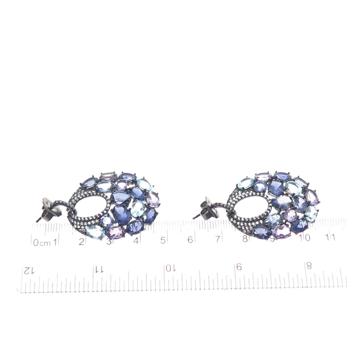 925 Sterling Black Rhodium Blue & White Topaz Amethyst Tanzanite Iolite Earrings
