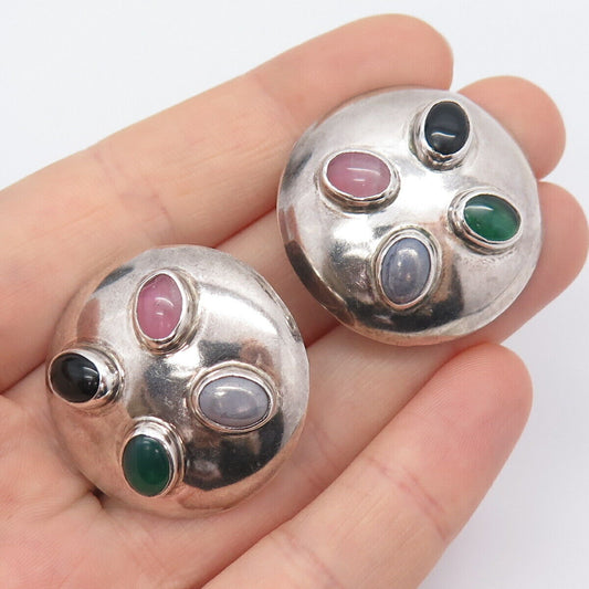 925 Sterling Silver Vintage Mexico Multi-Color Gemstone Clip On Earrings