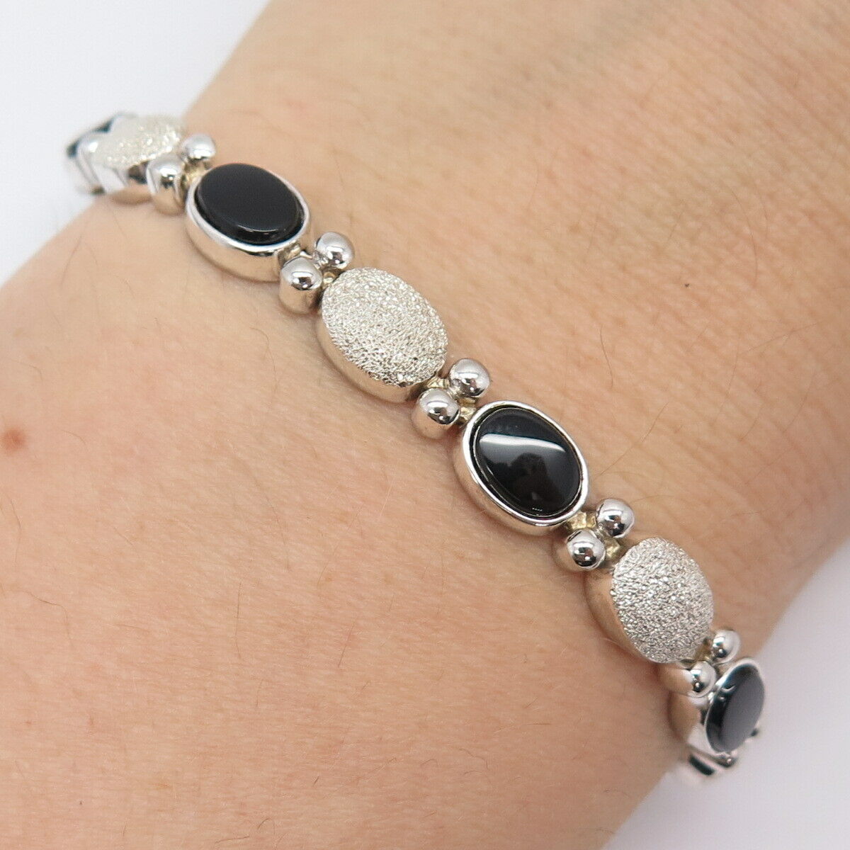 925 Sterling Silver Real Black Onyx Gem Tennis Link Bracelet 7 1/4"