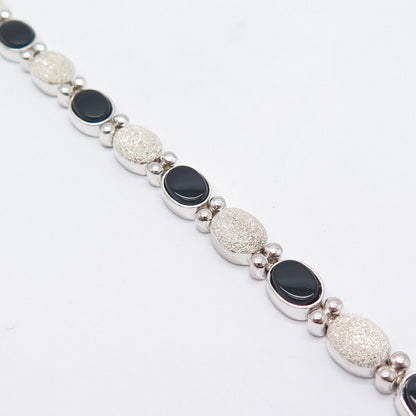 925 Sterling Silver Real Black Onyx Gem Tennis Link Bracelet 7 1/4"